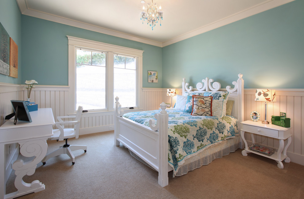Inspiration for a large traditional children’s room for girls in San Diego with blue walls, carpet, beige floors and a dado rail.