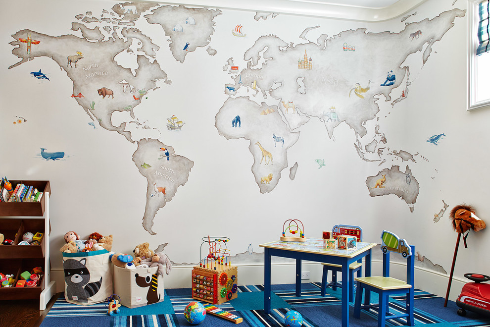 Mid-sized transitional boy carpeted and multicolored floor kids' room photo in San Francisco with multicolored walls