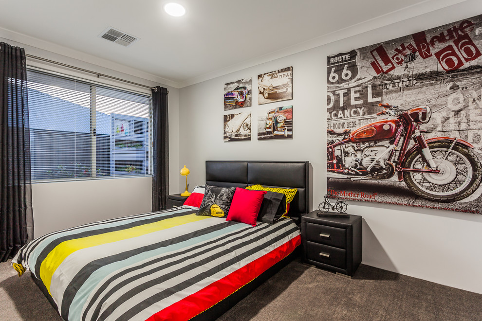 Contemporary teen’s room for boys in Perth with grey walls and carpet.