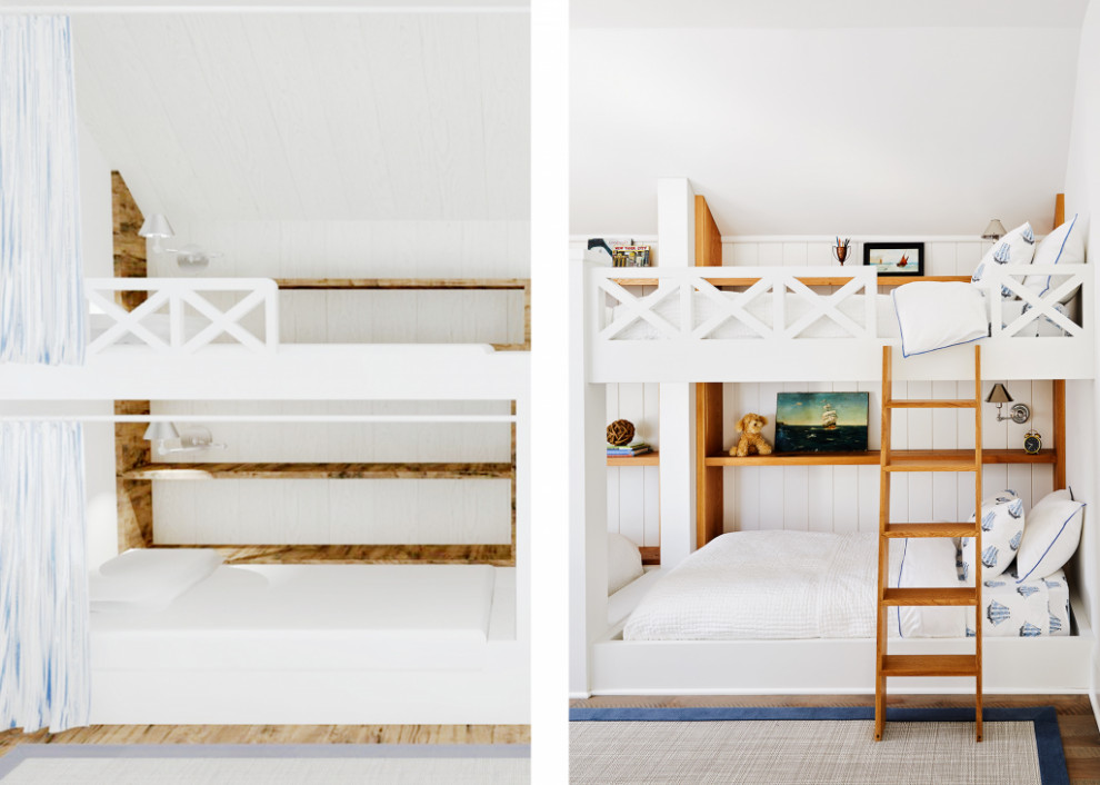 Beach style gender-neutral shiplap wall, medium tone wood floor, brown floor and vaulted ceiling kids' bedroom photo in New York with white walls
