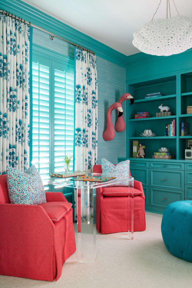 Design ideas for a world-inspired kids' bedroom for girls in Miami with green walls and white floors.