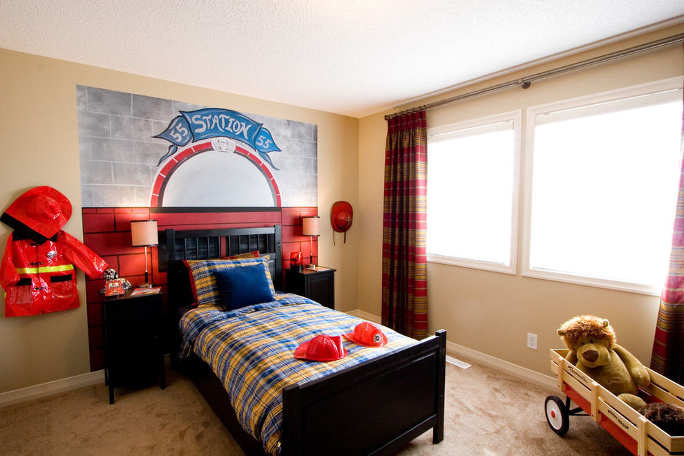 Example of a trendy boy carpeted kids' room design in Calgary with beige walls