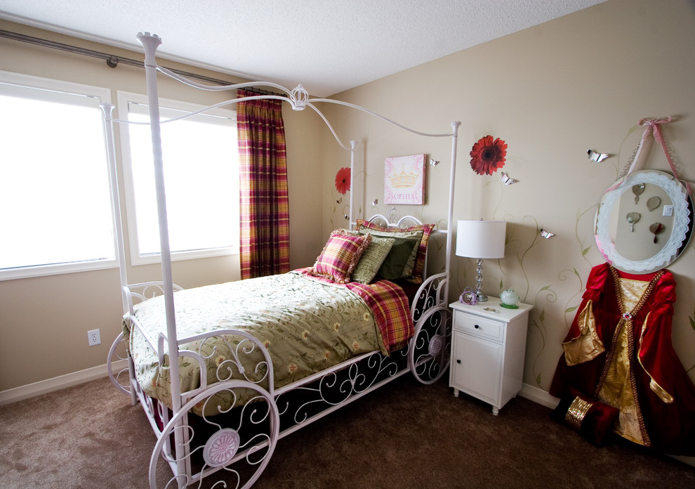 Eclectic girl carpeted kids' room photo in Calgary with beige walls