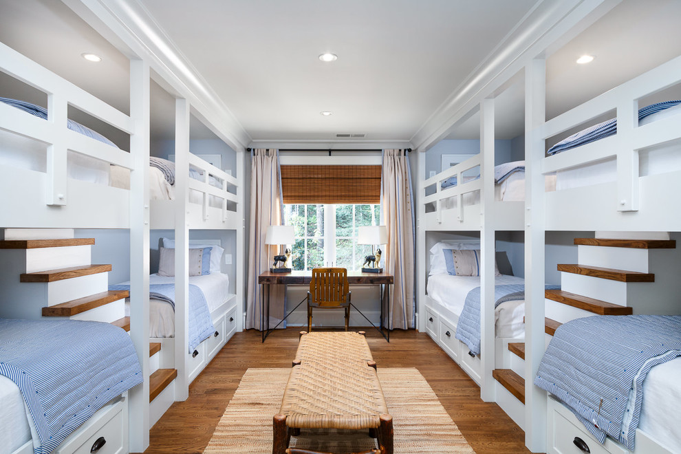 This is an example of a rustic gender neutral children’s room in Other with blue walls and medium hardwood flooring.