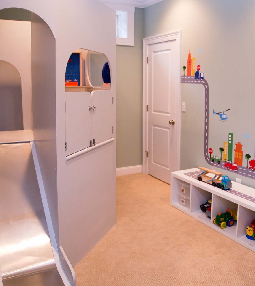 Diseño de dormitorio infantil de 1 a 3 años moderno de tamaño medio con paredes grises y moqueta