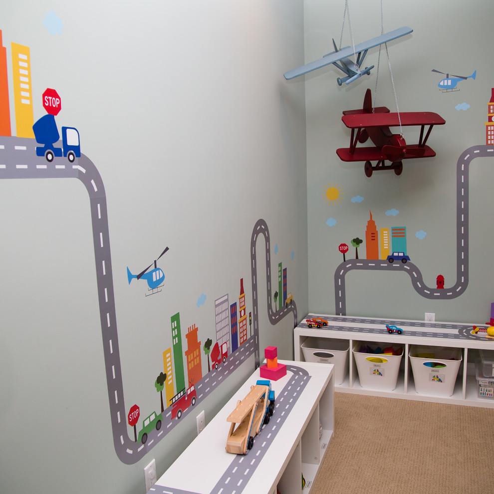 Idee per una cameretta per bambini da 1 a 3 anni minimalista di medie dimensioni con pareti grigie e moquette