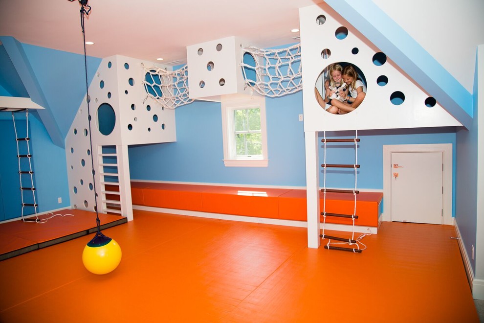 Идея дизайна: нейтральная детская с игровой среднего размера в современном стиле с синими стенами и оранжевым полом для ребенка от 4 до 10 лет