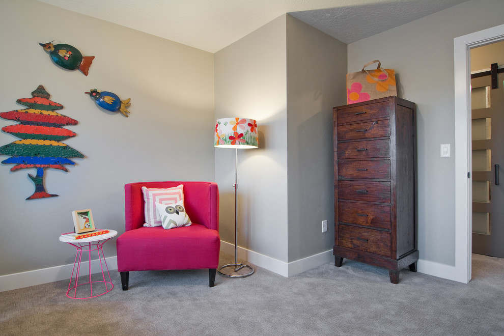 Inspiration for a contemporary girl carpeted childrens' room remodel in Salt Lake City with gray walls