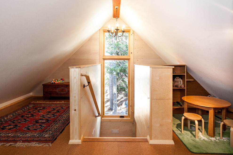 Photo of a rustic gender neutral toddler’s room in San Francisco with white walls and cork flooring.