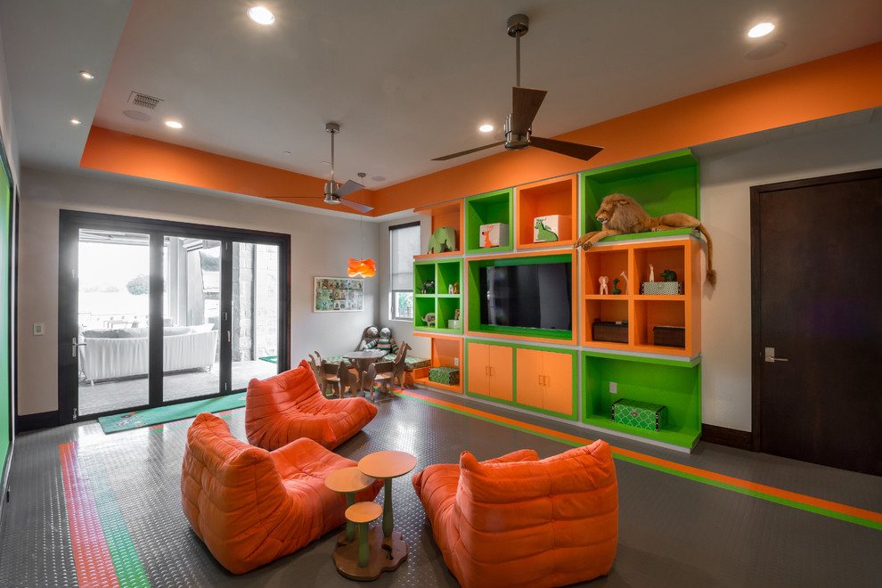 Inspiration for a huge contemporary gender-neutral gray floor kids' room remodel in Orange County with gray walls