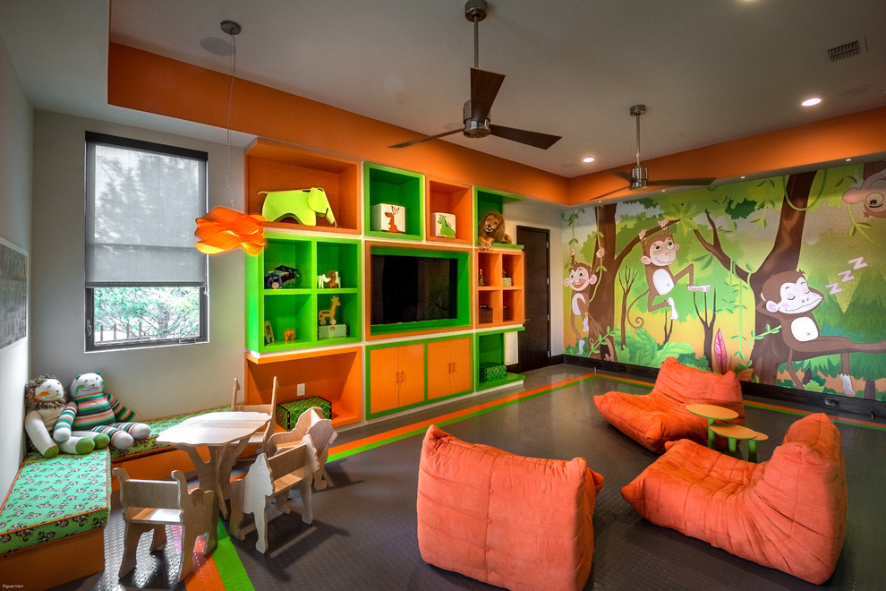 Ispirazione per un'ampia cameretta per bambini da 4 a 10 anni minimal con pareti grigie e pavimento grigio