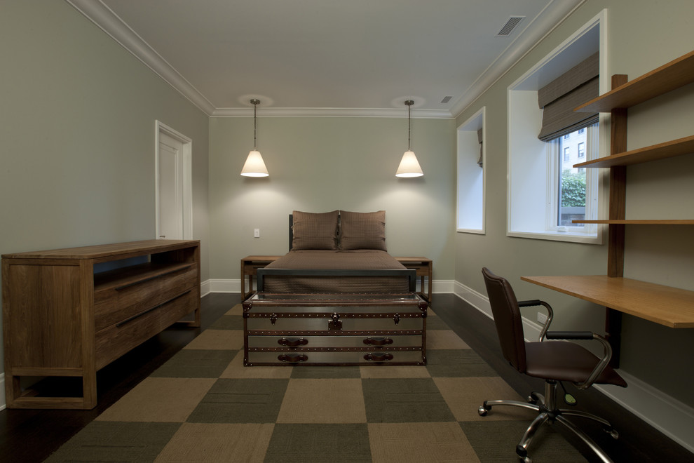 This is an example of a contemporary gender neutral kids' bedroom in Chicago with grey walls and dark hardwood flooring.