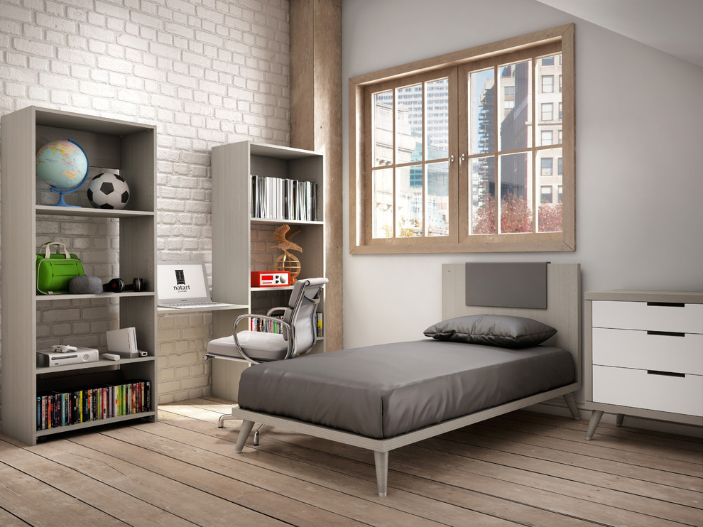 Modernes Jungszimmer mit Schlafplatz, weißer Wandfarbe und hellem Holzboden in New York