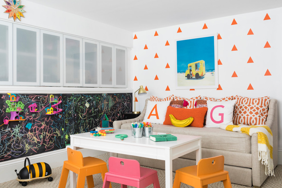 Inspiration for a transitional gender-neutral carpeted and beige floor kids' room remodel in Boston with multicolored walls