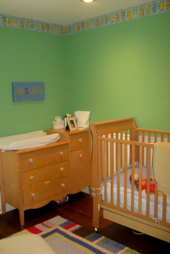 Mid-sized transitional boy dark wood floor and brown floor kids' bedroom photo in New York with green walls