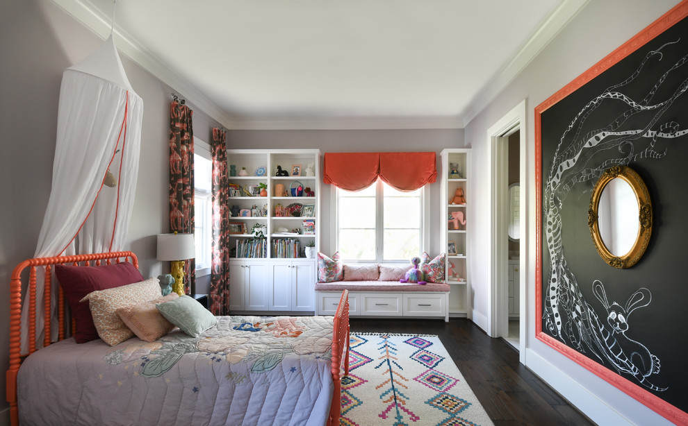 Inspiration for a classic kids' bedroom in Houston with grey walls, dark hardwood flooring and brown floors.