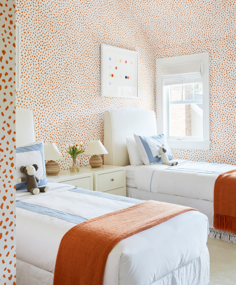 Inspiration for a medium sized nautical children’s room for girls in New York with orange walls, carpet, beige floors, a vaulted ceiling, a wallpapered ceiling and wallpapered walls.