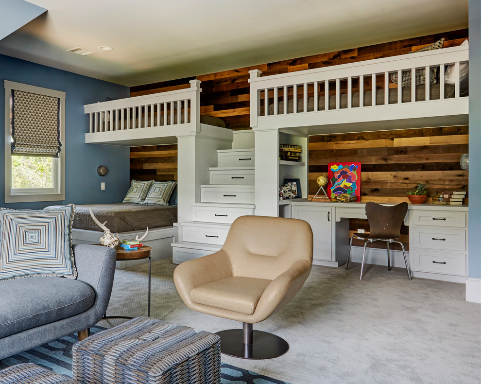 Country children’s room for boys in Houston with blue walls, carpet and grey floors.