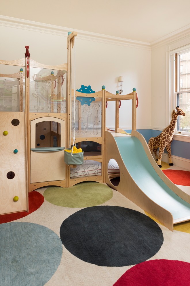 Bild på ett eklektiskt könsneutralt barnrum kombinerat med lekrum