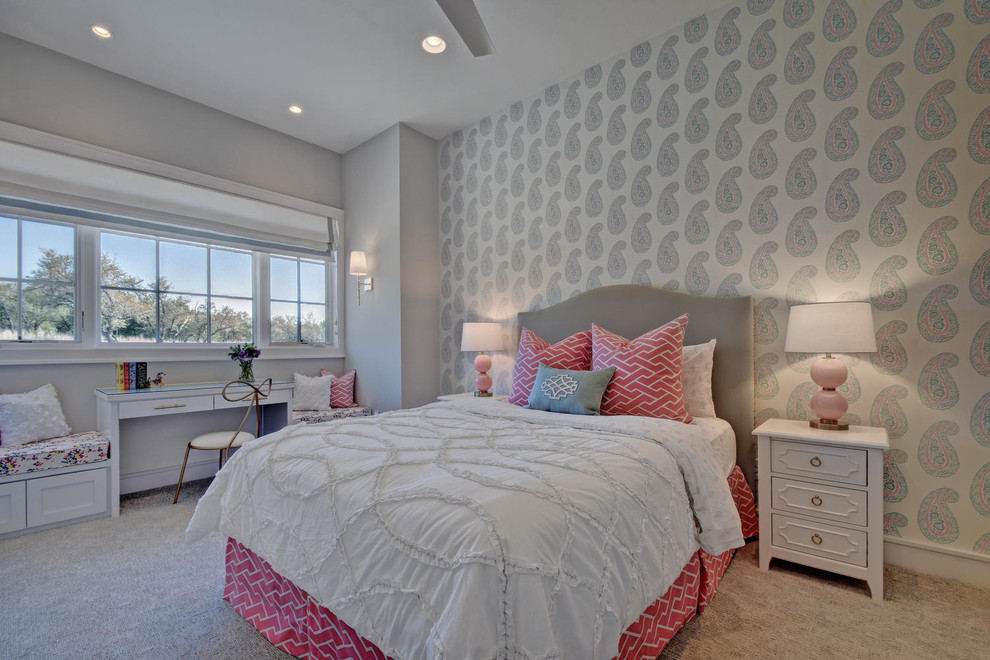 Large classic kids' bedroom for girls in Austin with multi-coloured walls, carpet and beige floors.