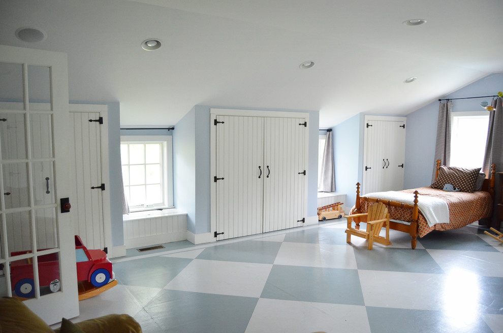 Idéer för att renovera ett lantligt barnrum, med flerfärgat golv
