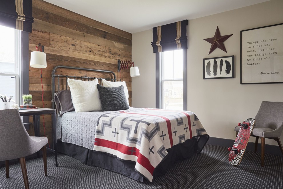 Kids' room - cottage boy carpeted and black floor kids' room idea in Other with beige walls