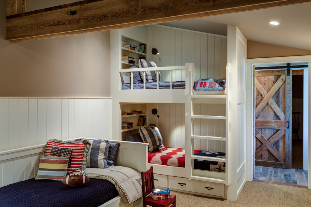 This is an example of a farmhouse gender neutral children’s room in Richmond with beige walls and carpet.