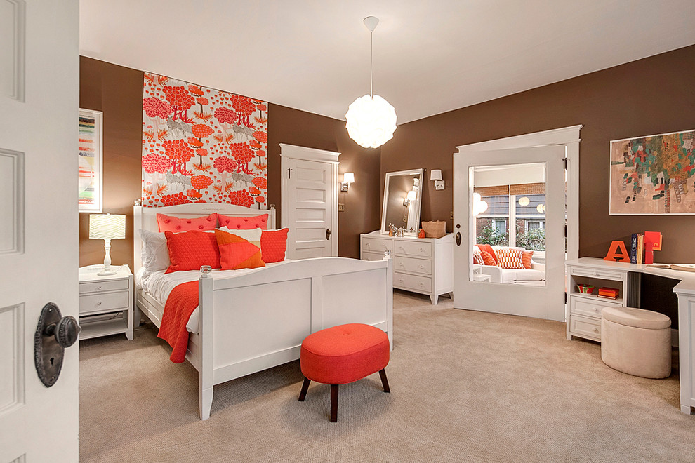 Inspiration for a large classic teen’s room for girls in Seattle with brown walls and carpet.