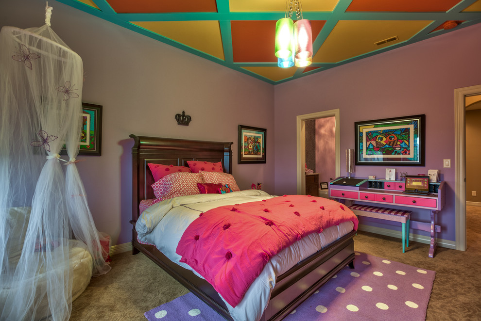 Trendy girl carpeted kids' room photo in Omaha with purple walls