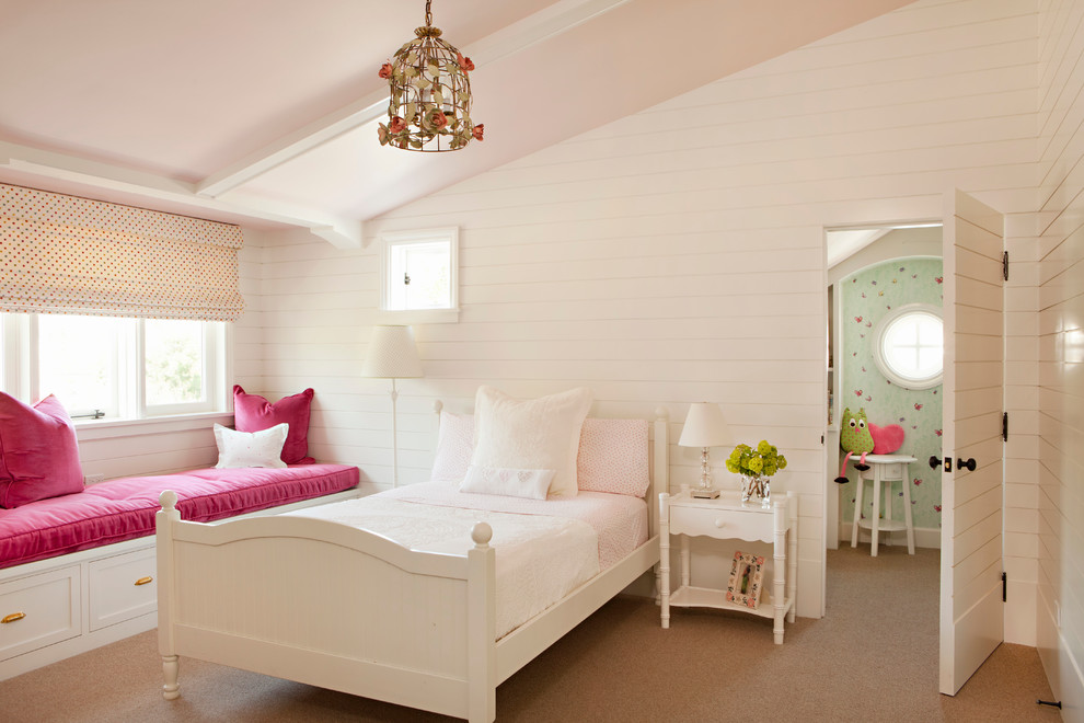 Kids' bedroom - coastal girl carpeted kids' bedroom idea in Los Angeles with white walls