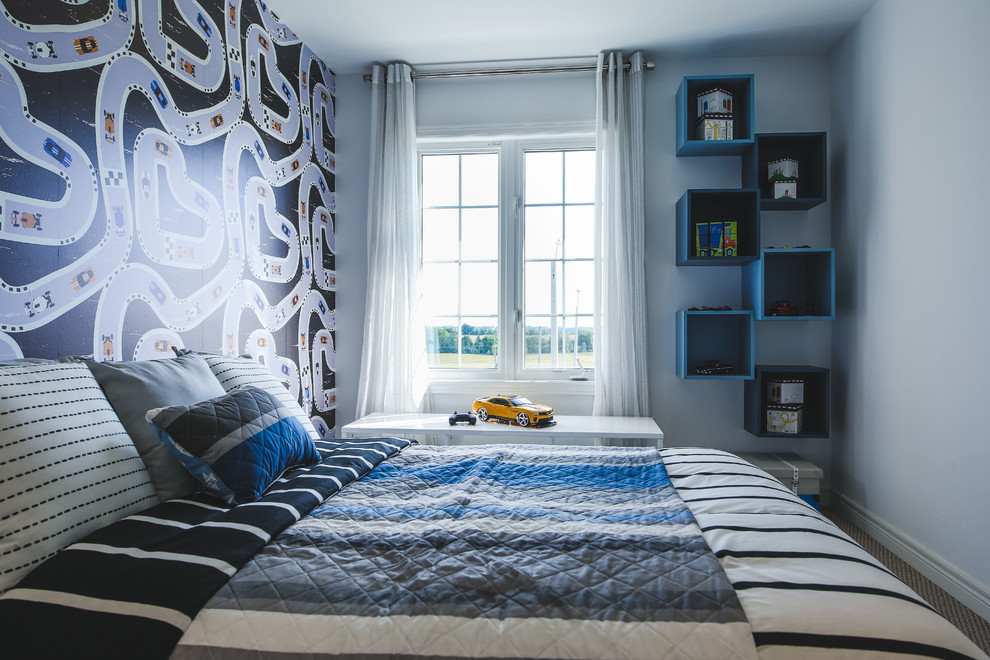 Foto de dormitorio infantil de 4 a 10 años actual pequeño con paredes azules, moqueta y suelo gris