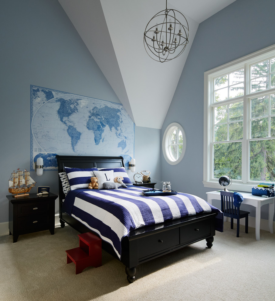 Childrens' room - large traditional boy carpeted childrens' room idea in Chicago with blue walls