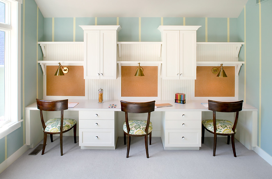 Large transitional carpeted kids' study room photo in Grand Rapids with blue walls