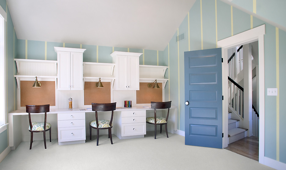 Inspiration for a large transitional carpeted kids' study room remodel in Grand Rapids with multicolored walls