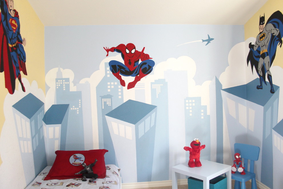 Diseño de dormitorio infantil de 4 a 10 años actual con paredes azules y moqueta