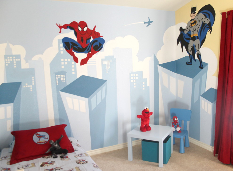 Idéer för funkis pojkrum kombinerat med sovrum och för 4-10-åringar, med blå väggar och heltäckningsmatta
