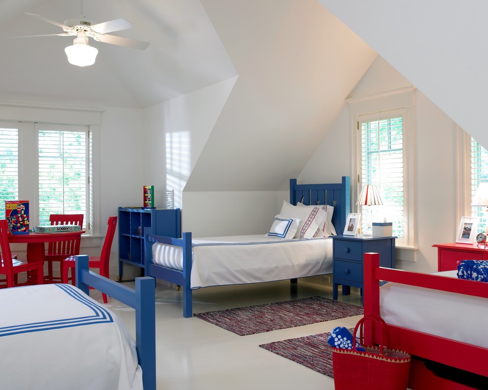 Inspiration for a timeless gender-neutral white floor kids' room remodel in Boston with white walls