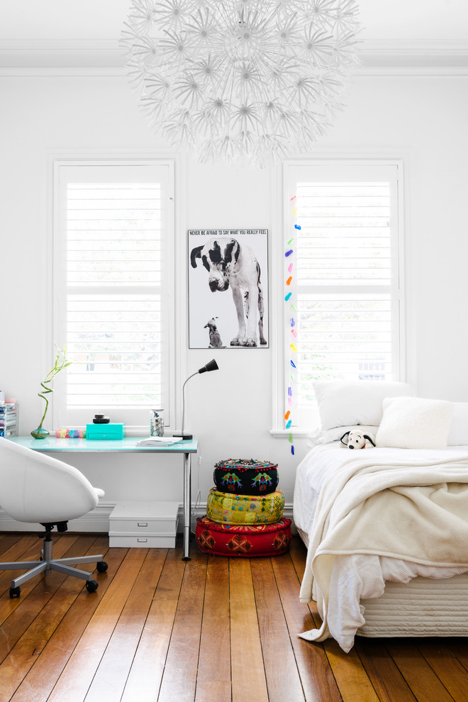 Eclectic kids' bedroom photo in Perth with white walls