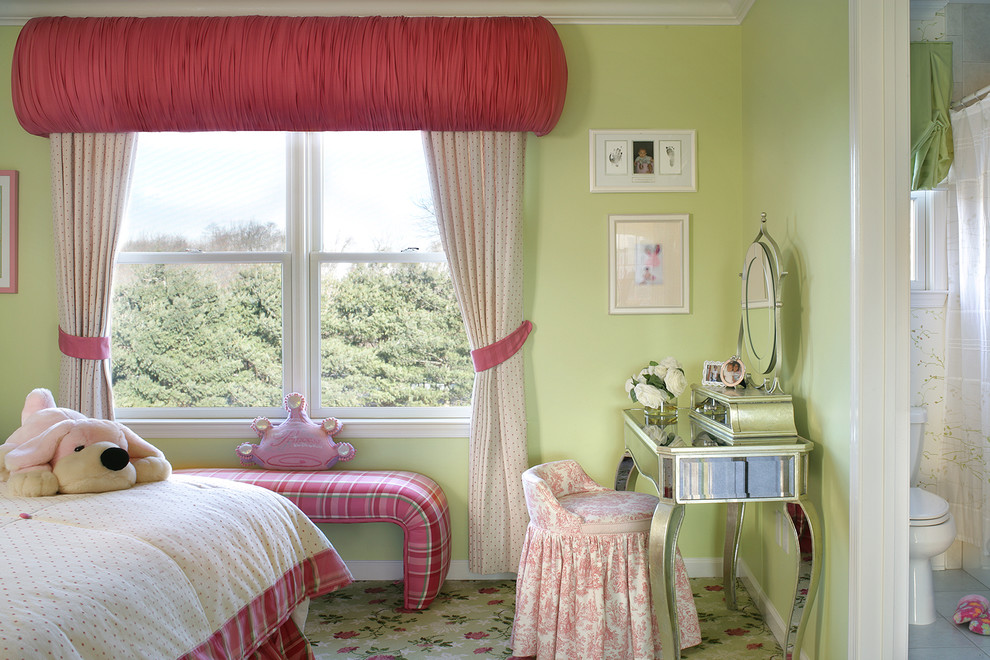 Inspiration for a medium sized traditional children’s room for girls in Newark with green walls and carpet.