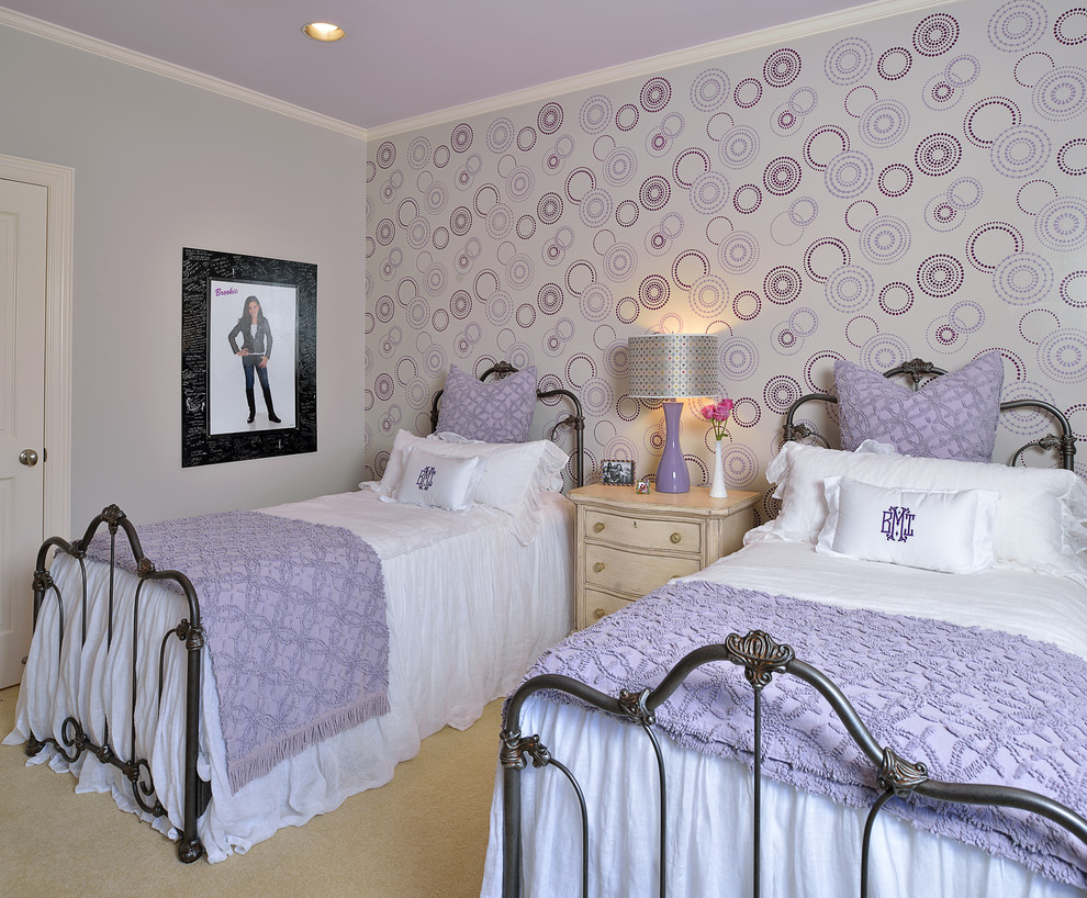 Mid-sized elegant girl carpeted kids' room photo in Houston with multicolored walls