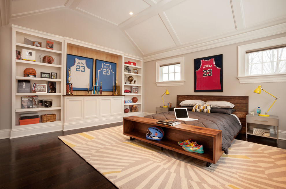 Inspiration for a medium sized traditional teen’s room for boys in New York with beige walls and dark hardwood flooring.
