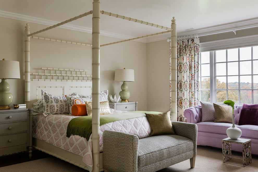 Example of a classic girl carpeted kids' room design in Boston with beige walls