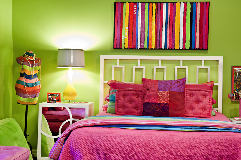 Bohemian teen’s room for girls in Dallas with green walls.