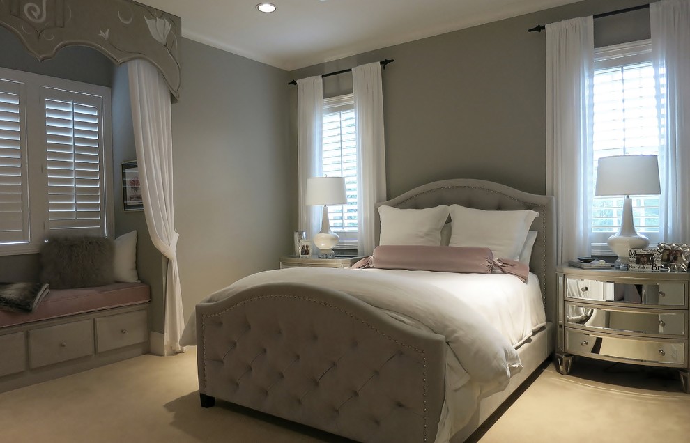 Photo of a large contemporary teen’s room for girls in Houston with grey walls, carpet and beige floors.
