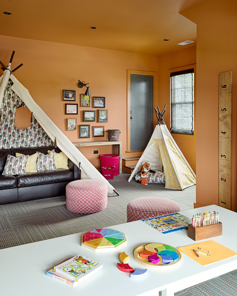 Mid-sized transitional gender-neutral carpeted and multicolored floor kids' room photo in Other with orange walls