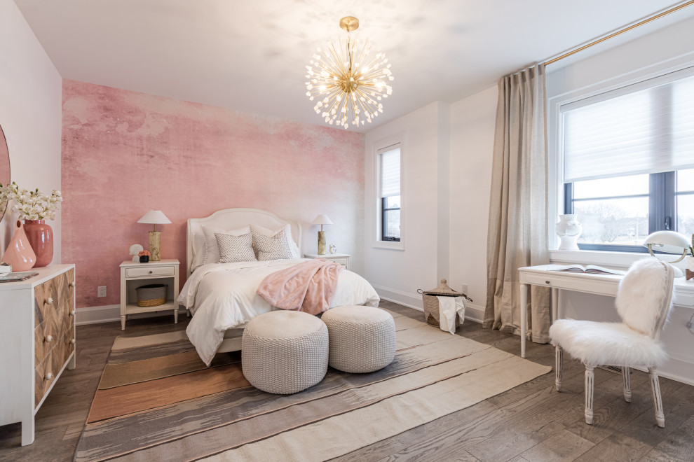 Large classic teen’s room for girls in Toronto with pink walls, dark hardwood flooring, brown floors and wallpapered walls.