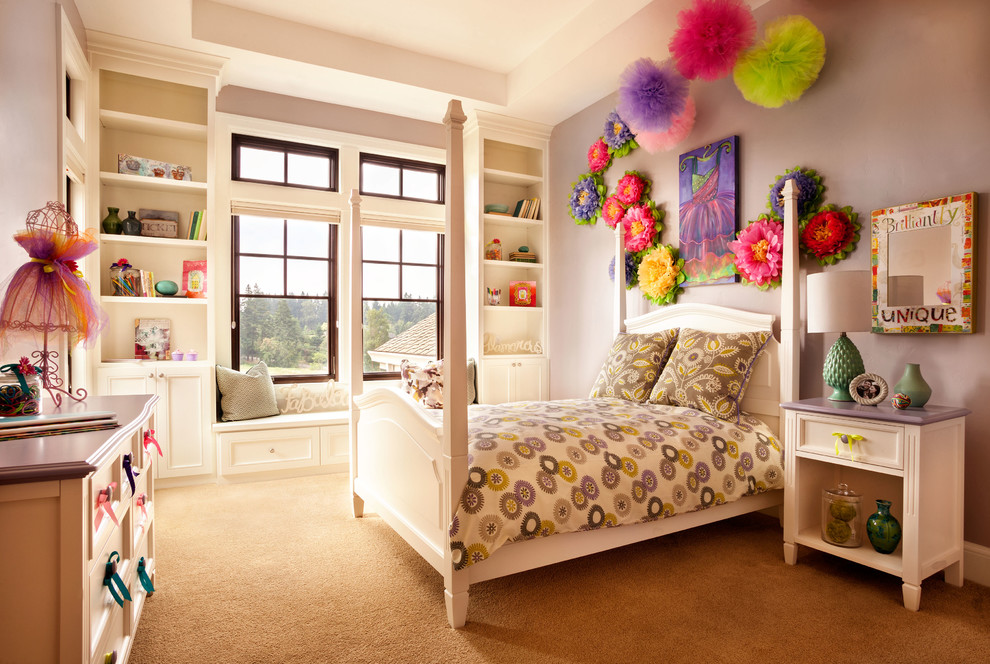 Inspiration for a large classic children’s room for girls in Portland with purple walls and carpet.
