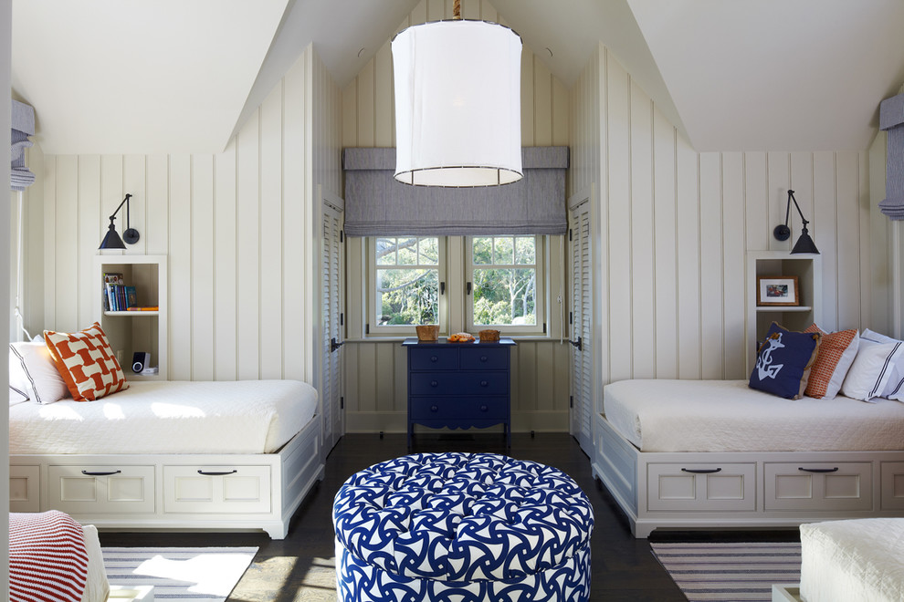Inspiration for a coastal gender-neutral dark wood floor kids' room remodel in Charleston with white walls