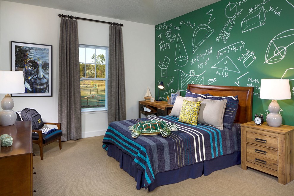 Ejemplo de dormitorio infantil clásico renovado con paredes blancas, moqueta y suelo beige
