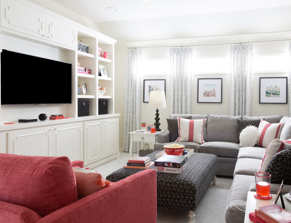 Teen room - mid-sized transitional gender-neutral carpeted and gray floor teen room idea in Houston with gray walls